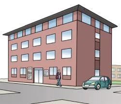 Ein vierstöckiges Bürogebäude