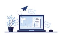 Illustration eines Laptops mit Symbolen für E-Mail und Nachrichtenversand