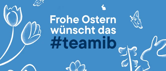 Grafik mit Ostergruß in blau mit Ostermotiven