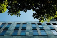 Außenansicht vom Gebäude der Investitionsbank unter grünen Baumkronen